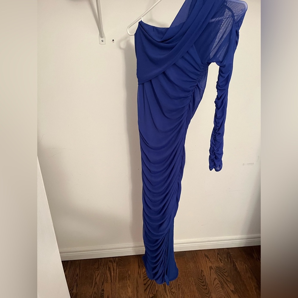 Fashion Nova Blue One Shoulder Ruched Dress